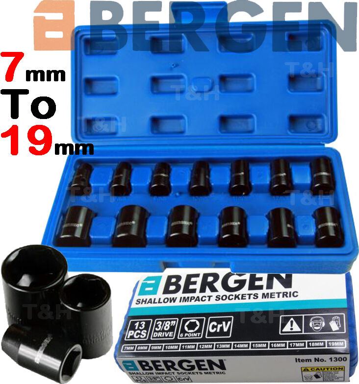 US PRO 13PCS 3/8" DRIVE 6 POINT SHALLOW IMPACT SOCKETS 7MM - 19MM