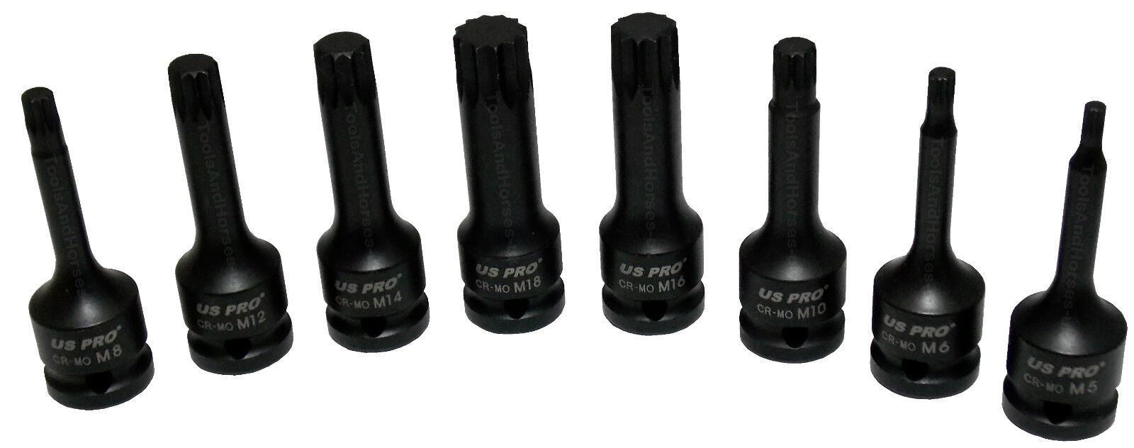 US Pro 8 Piece 1/2" Drive Impact Spline Bit Sockets M5 - M18 1690