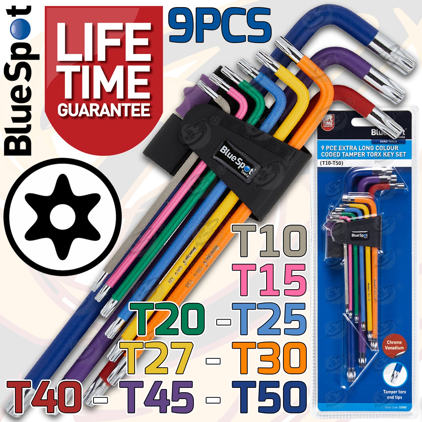 BLUESPOT 9PCS EXTRA LONG COLOUR CODED TAMPER TORX KEY SET ( T10 - T50 )