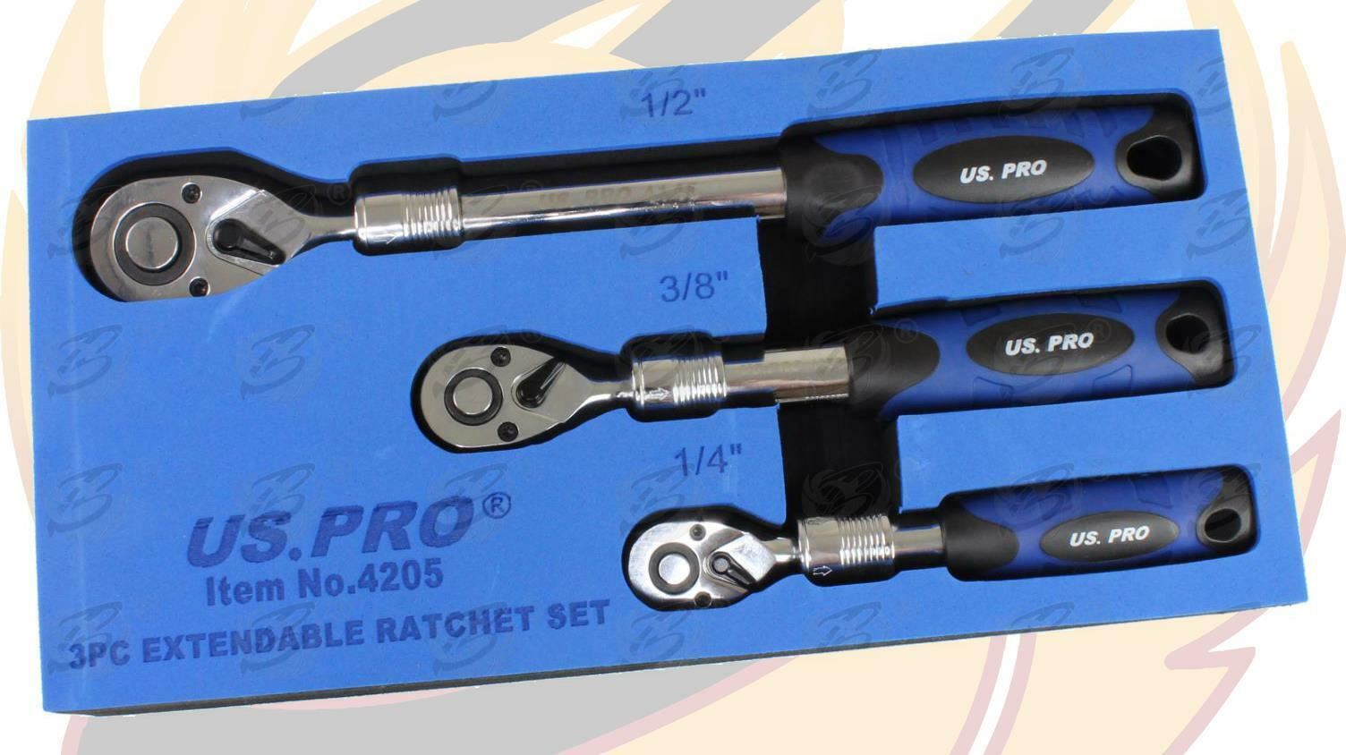 US Pro 3 Piece 1/4" & 3/8" & 1/2" Drive 72 Tooth Extendable Ratchet Handles  4205