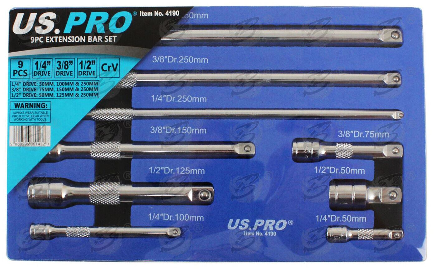 US Pro 9 Piece 1/4" & 3/8" & 1/2" Drive Extension Bars 50mm - 250mm  4190