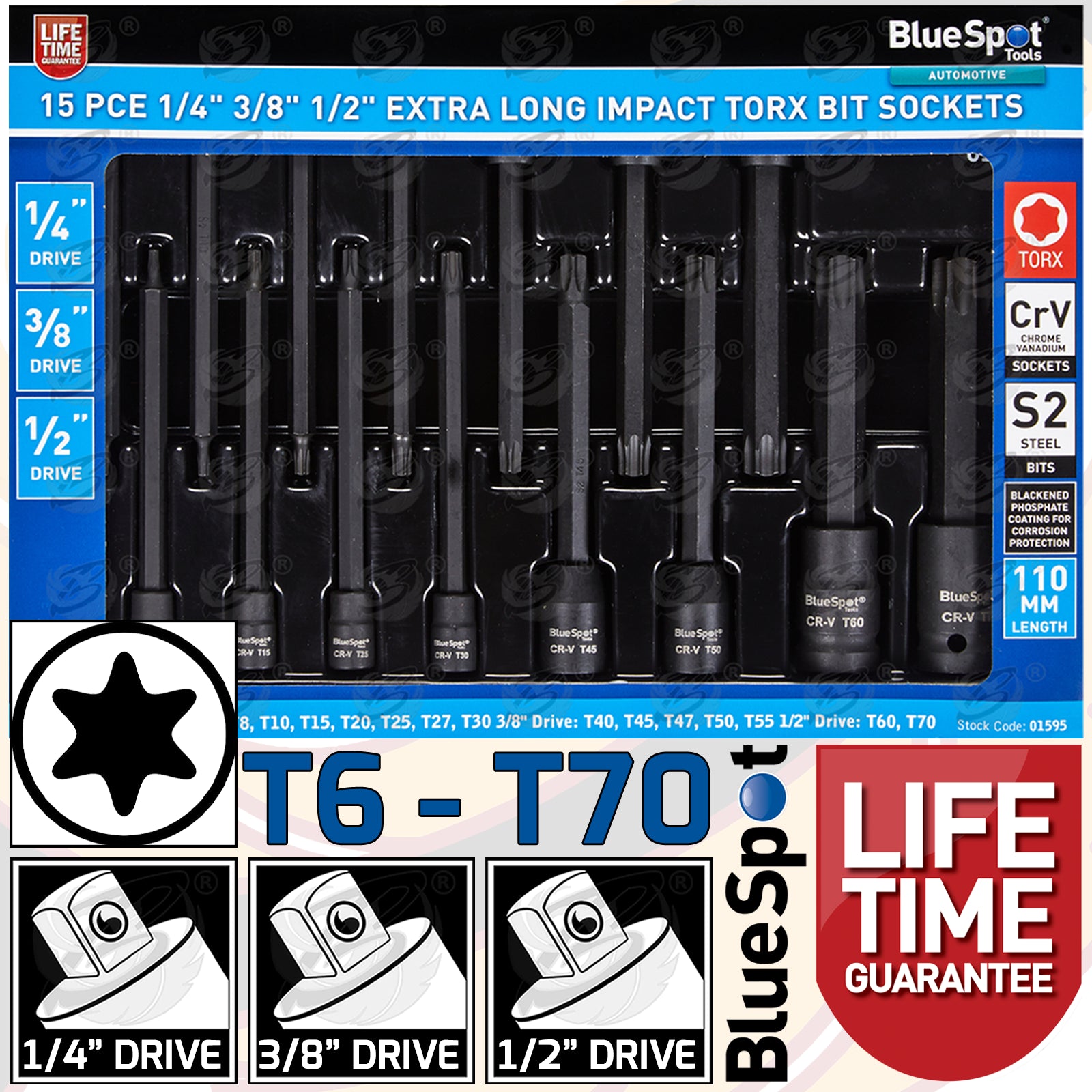BLUESPOT 15PCS 1/4" & 3/8" & 1/2" DRIVE EXTRA LONG IMPACT TORX BIT SOCKETS T6 - T70