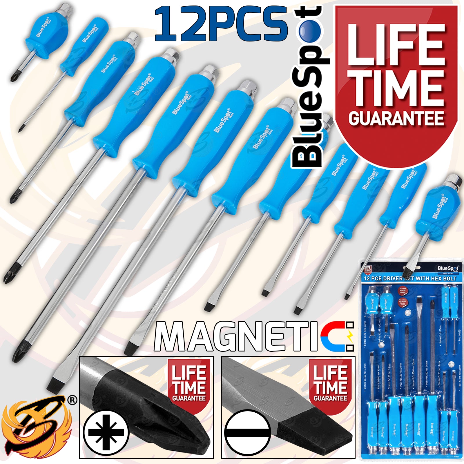 BLUESPOT 12PCS MAGNETIC GO THROUGH SCREWDRIVER SET ( SLOTTED - POZIDRIVE )