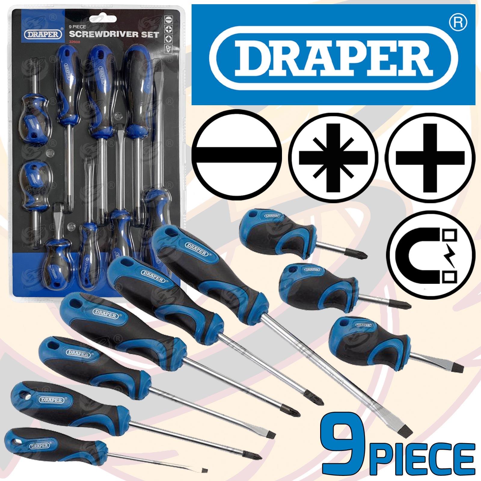 DRAPER 9PCS MAGNETIC SCREWDRIVER SET ( SLOTTED - PHILLIPS - POZIDRIVE )