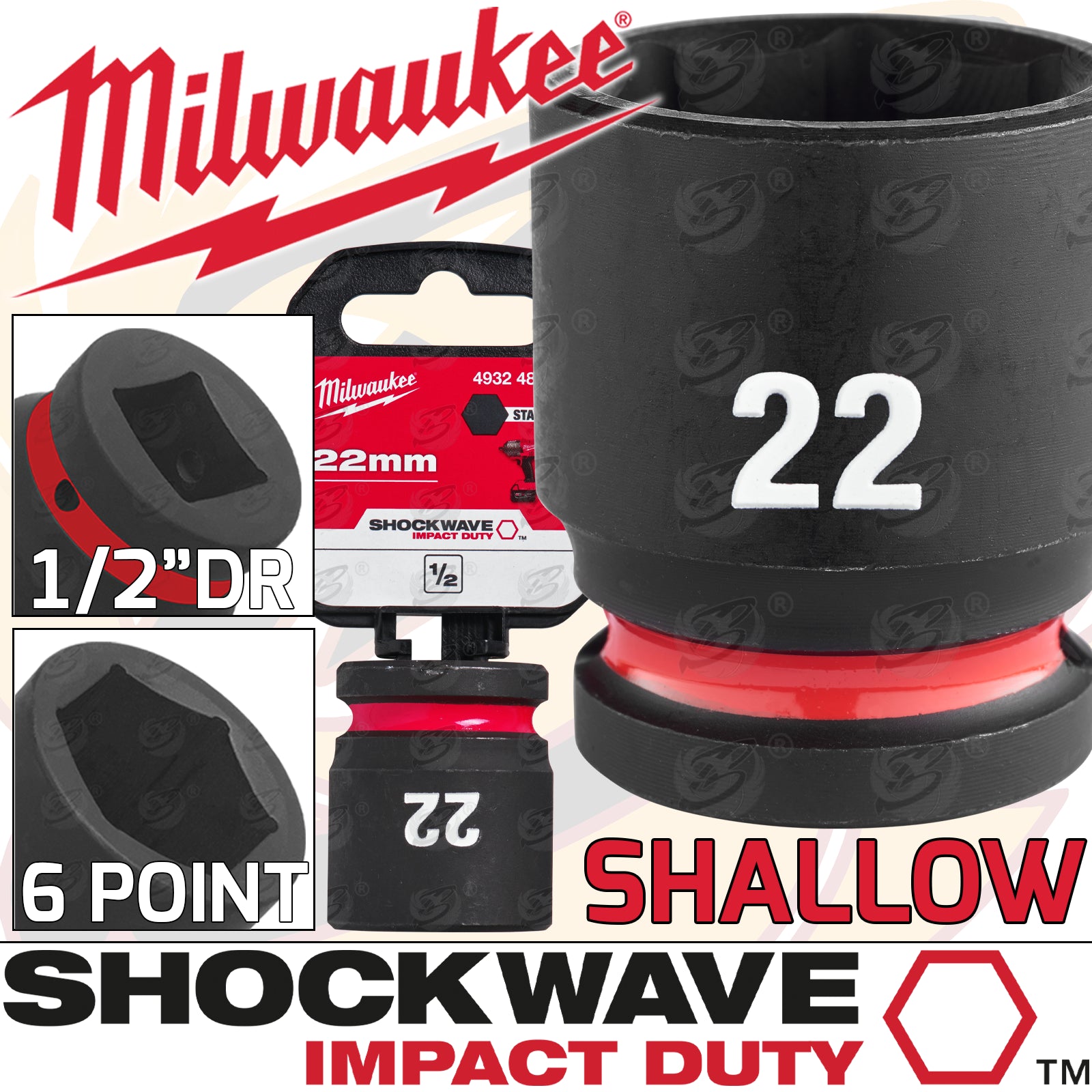 MILWAUKEE 22MM 1/2" DRIVE 6 POINT SHALLOW IMPACT SOCKET ( SINGLE )