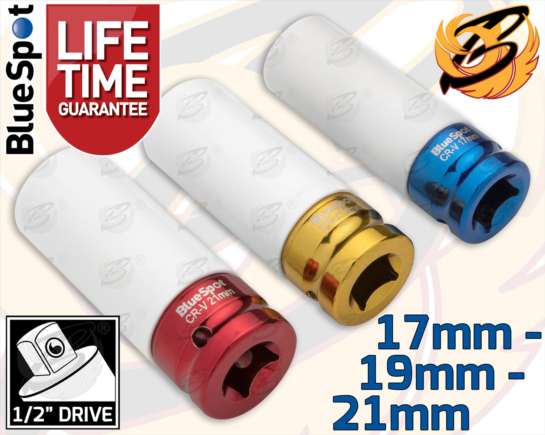 BLUESPOT 1/2" DRIVE BREAKER BAR & CALIBRATED TORQUE WRENCH 42Nm - 210Nm & 3PCS 1/2" DRIVE 6 POINT ALLOY WHEEL NUT SOCKETS