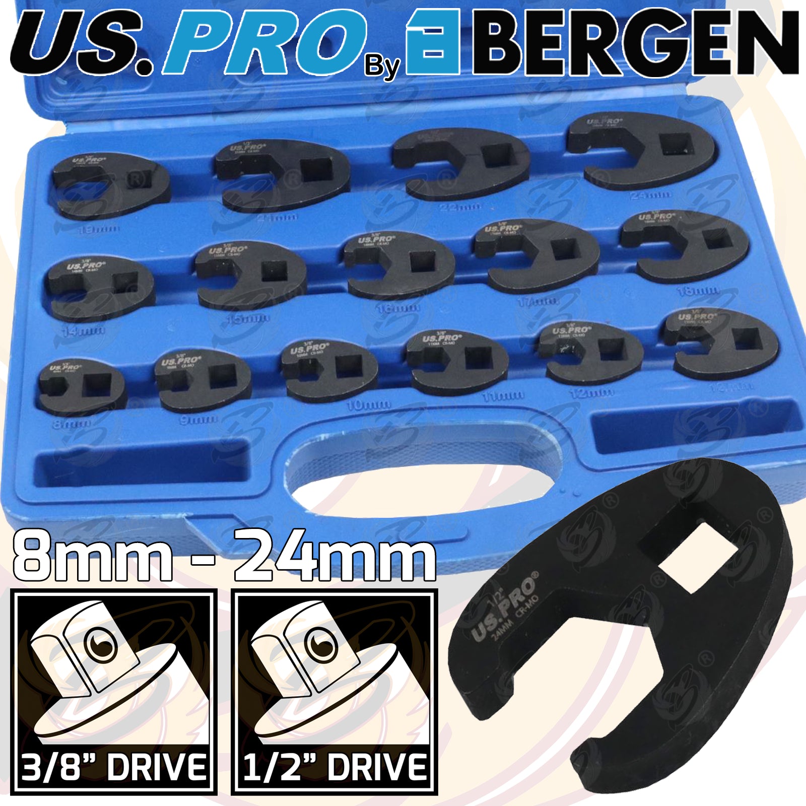 US PRO 15PC 3/8" & 1/2" DR HEAVY DUTY METRIC CROWFOOT WRENCH SET