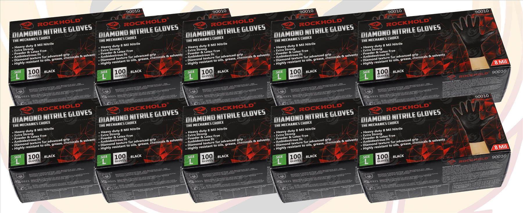 ROCKHOLD HEAVY DUTY BLACK 8 MIL NITRILE DIAMOND GRIP GLOVES ( LARGE - 1000 GLOVES )