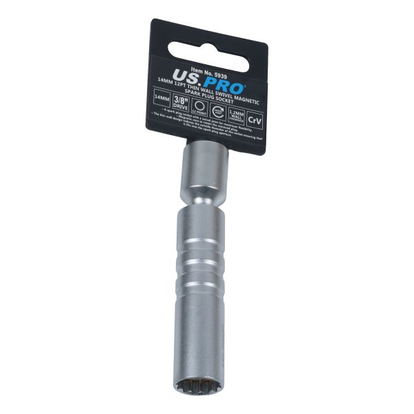 US Pro 14mm 12 Point Thin Wall Swivel Magnetic Spark Plug Socket 3/8" Drive  5939