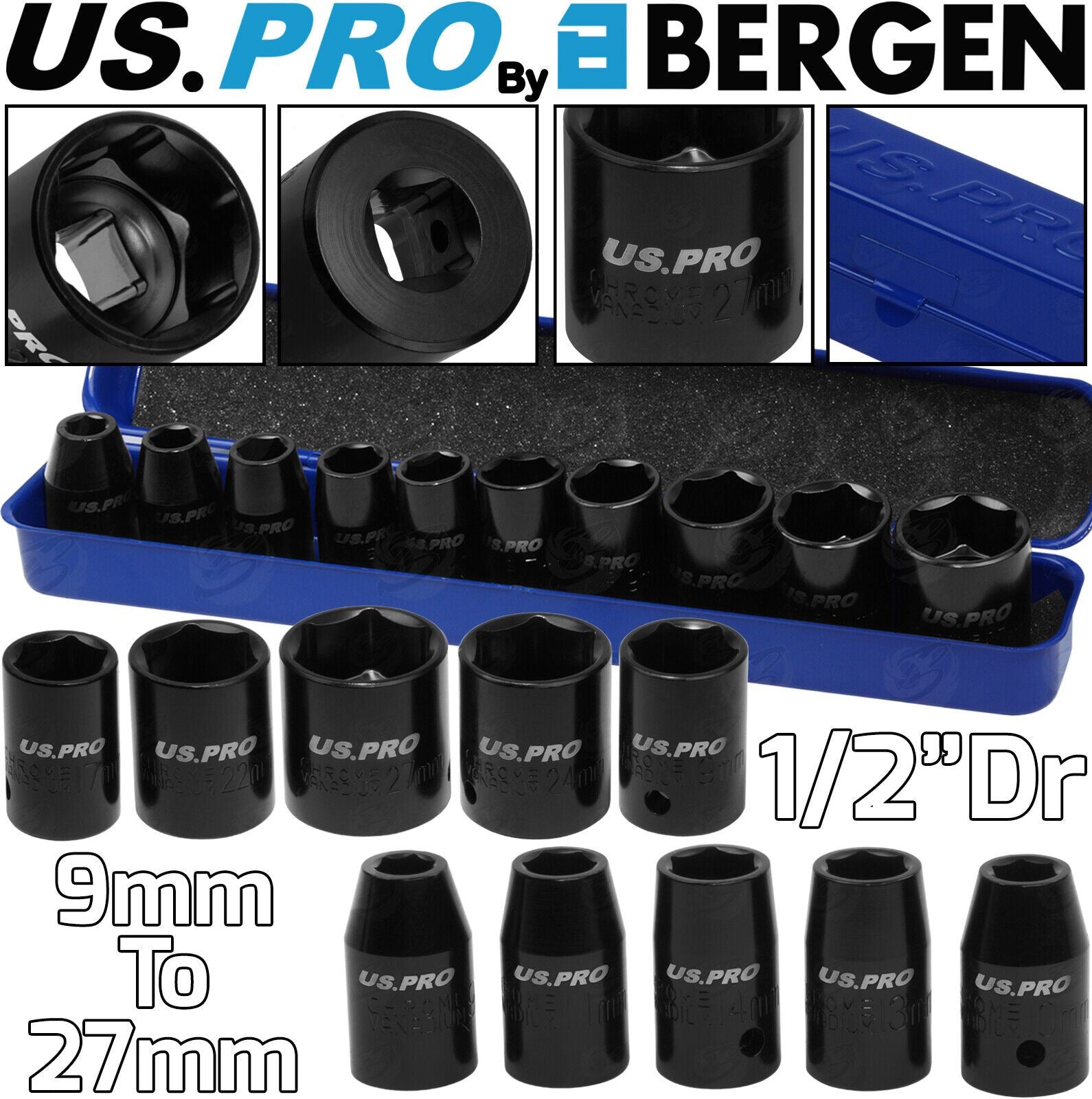 US Pro 10 Piece 1/2" Drive 6 Point Shallow Impact Sockets 9mm - 27mm ( 1396 )