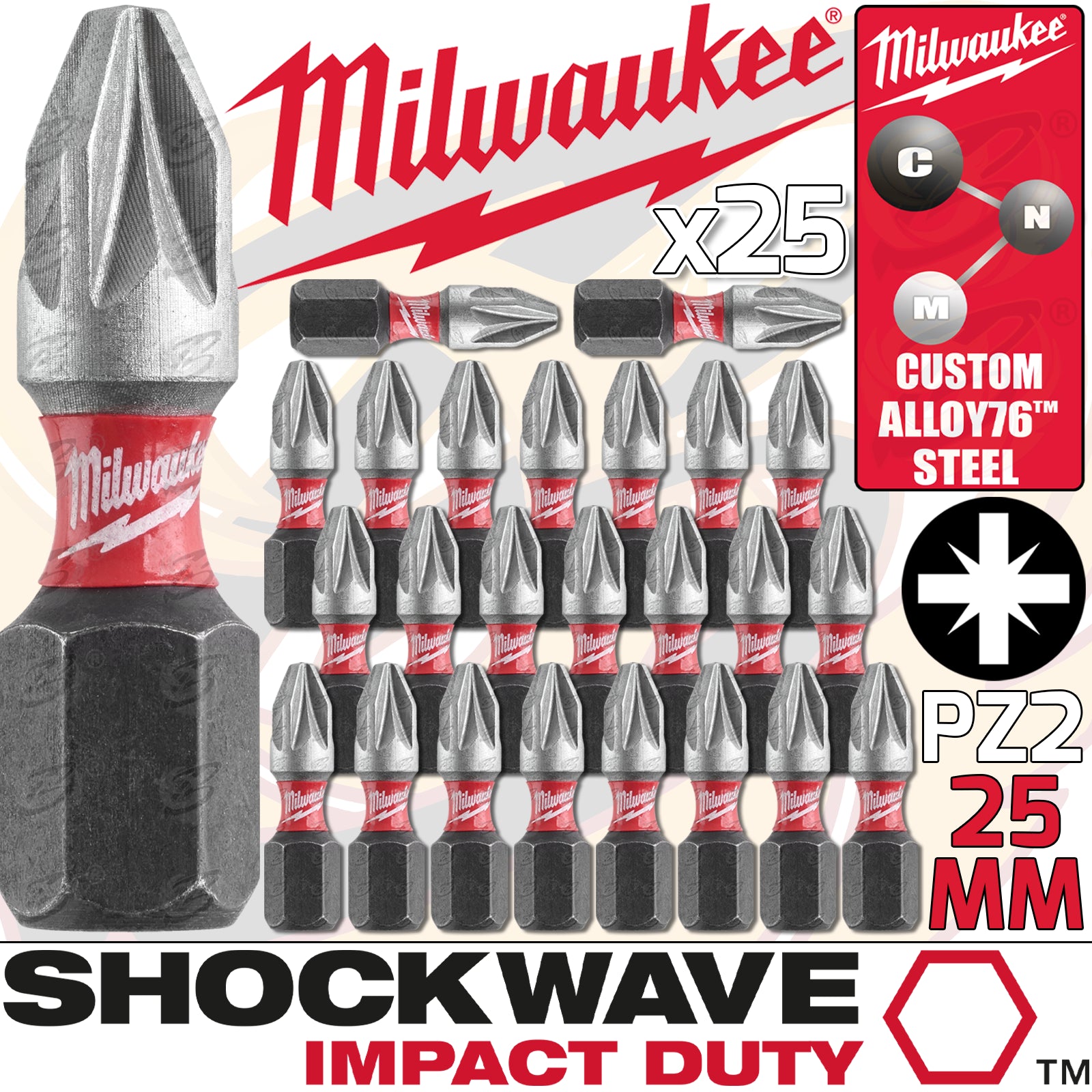 MILWAUKEE PZ2 x 25MM POZIDRIVE IMPACT DRILL / DRIVER BIT ( SHOCKWAVE IMPACT DUTY ) ( x 25 )