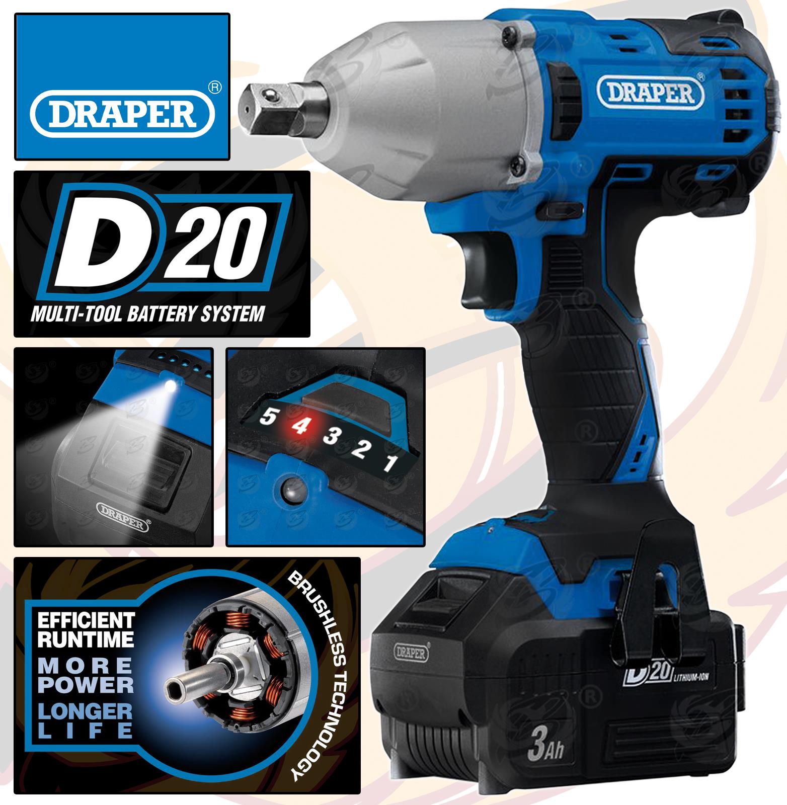 DRAPER 20V 400NM 1/2" DRIVE CORDLESS IMPACT WRENCH BRUSHLESS x2 3AH LI-ION BATTERIES WITH SOCKETS