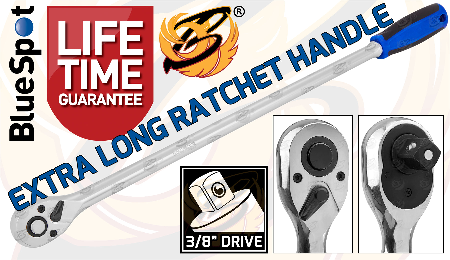 BLUESPOT 3/8" DRIVE 18" LONG 72 TOOTH EXTRA LONG RATCHET HANDLE