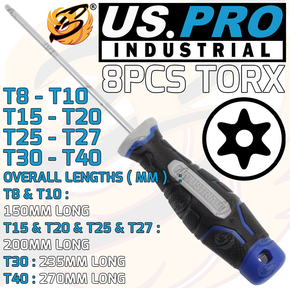 US PRO INDUSTRIAL 8PCS MAGNETIC TAMPER PROOF TORX SCREWDRIVER SET T8 - T40