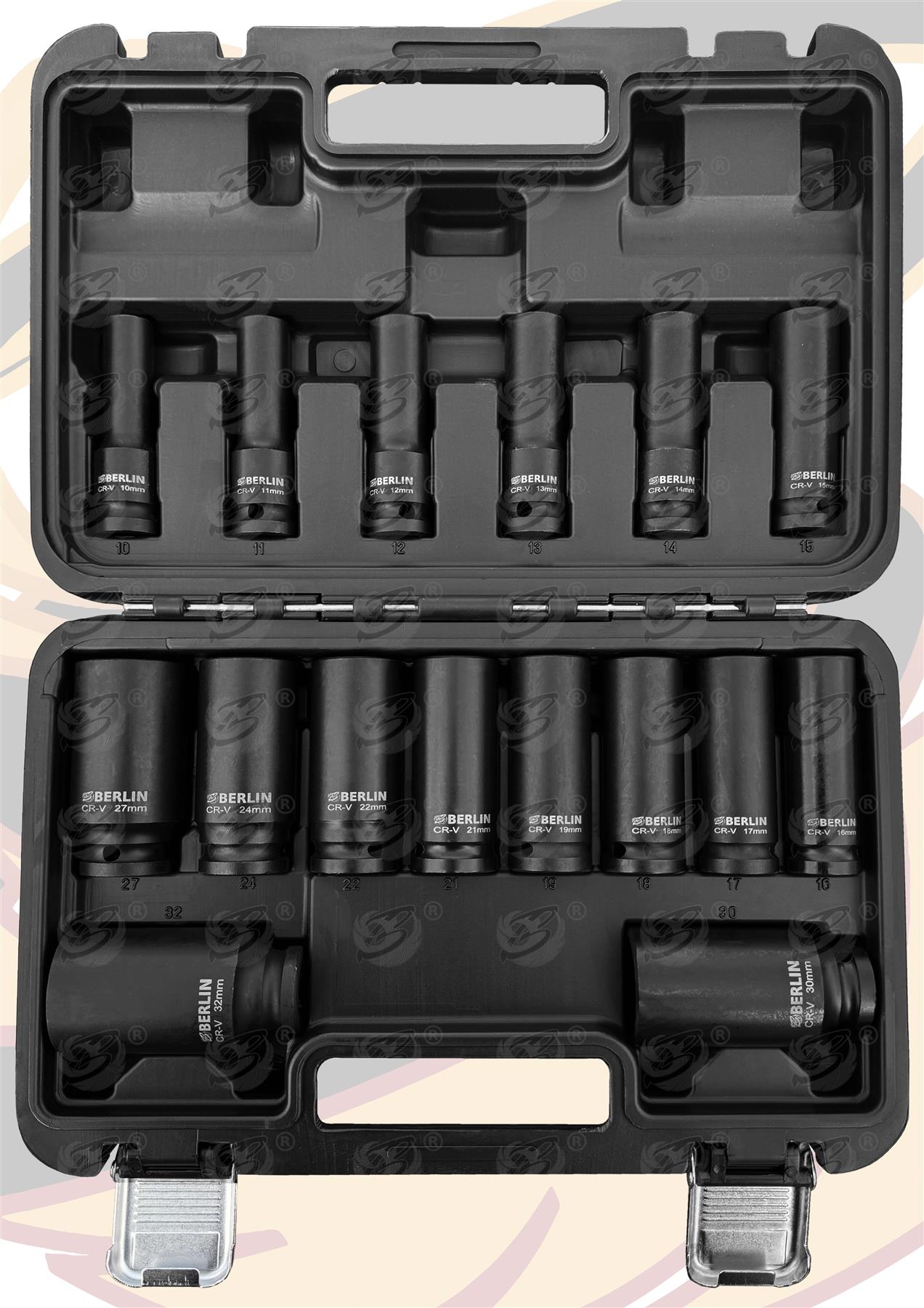 BERLIN Deep Impact Socket Set 1/2"dr 10mm - 32mm & Impact Extension Bars 19pcs Set