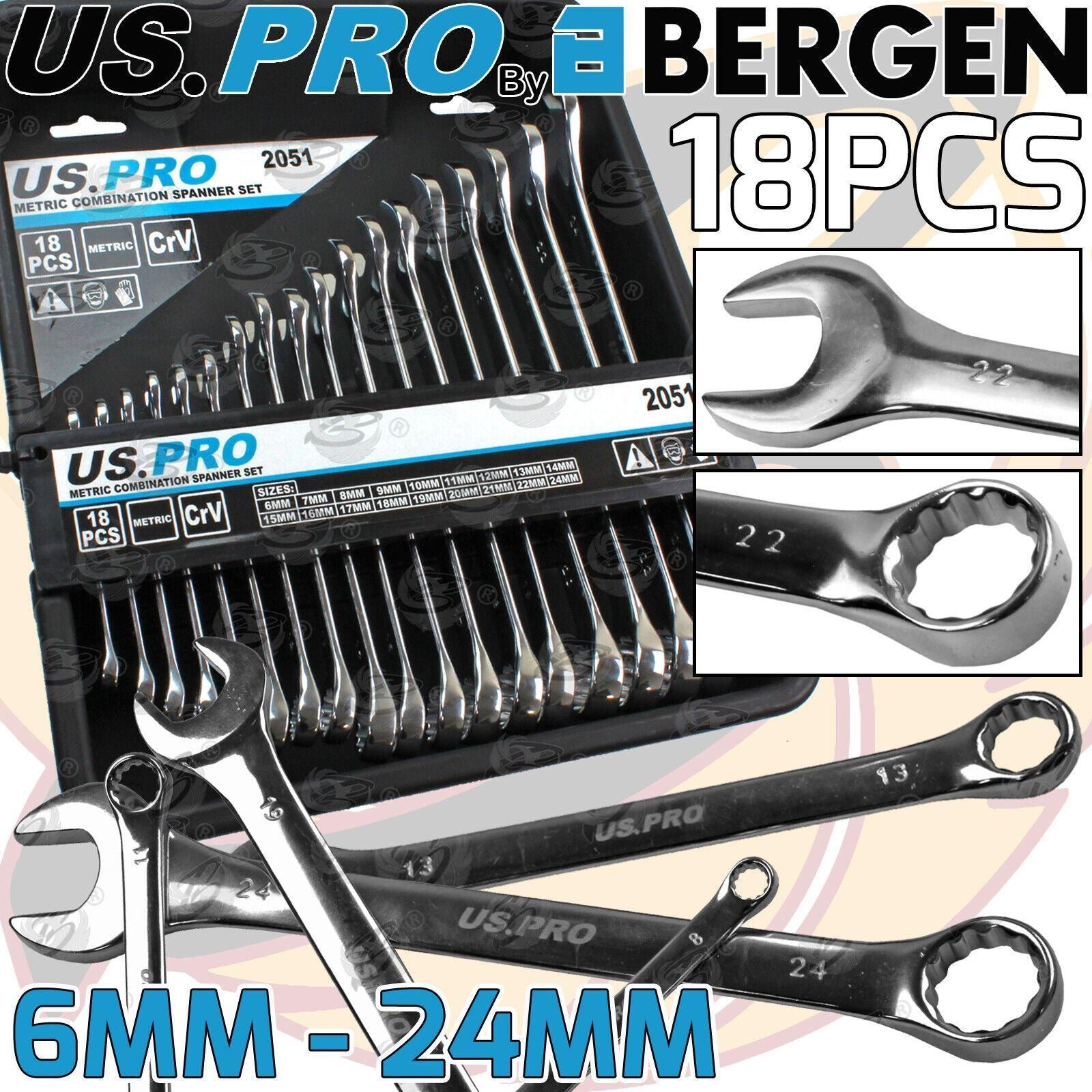 US PRO 18PCS COMBINATION SPANNERS 6MM - 24MM