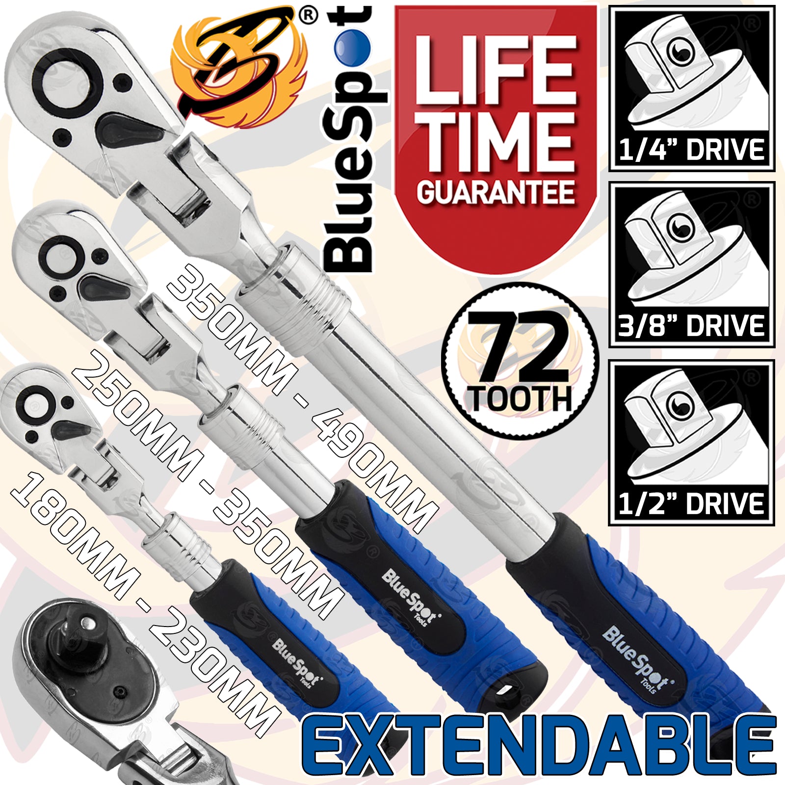 BLUESPOT 3PCS 1/4" & 3/8" & 1/2" DRIVE 72 TOOTH FLEXI EXTENDABLE RATCHET HANDLES