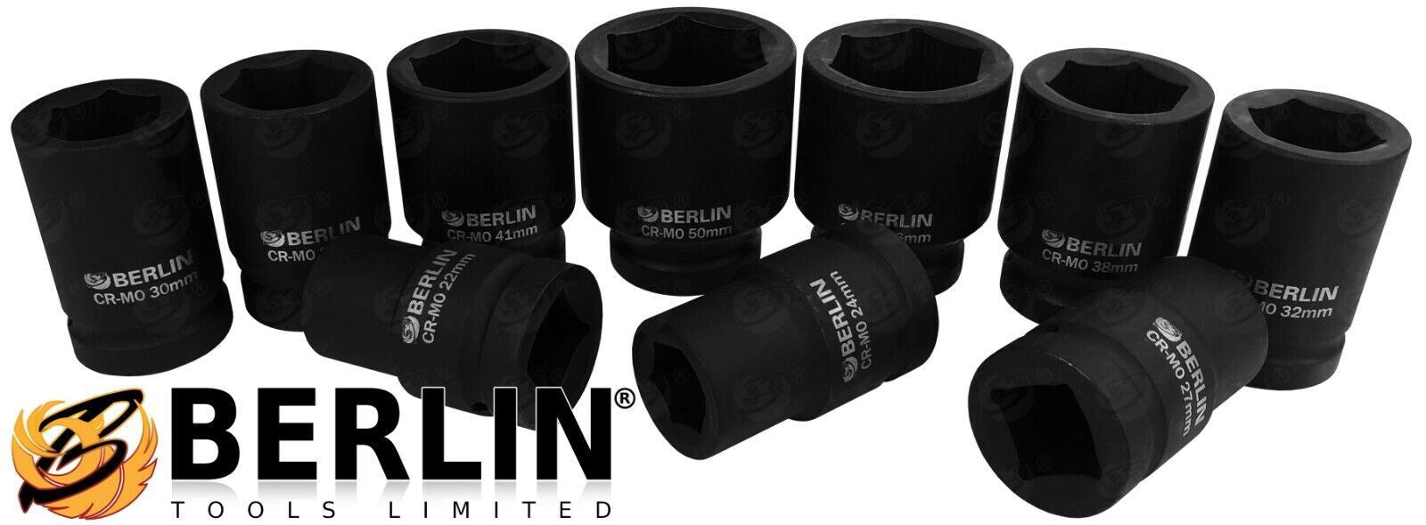 BERLIN 10PCS 1" DRIVE 6 POINT DEEP IMPACT SOCKETS 22MM - 50MM