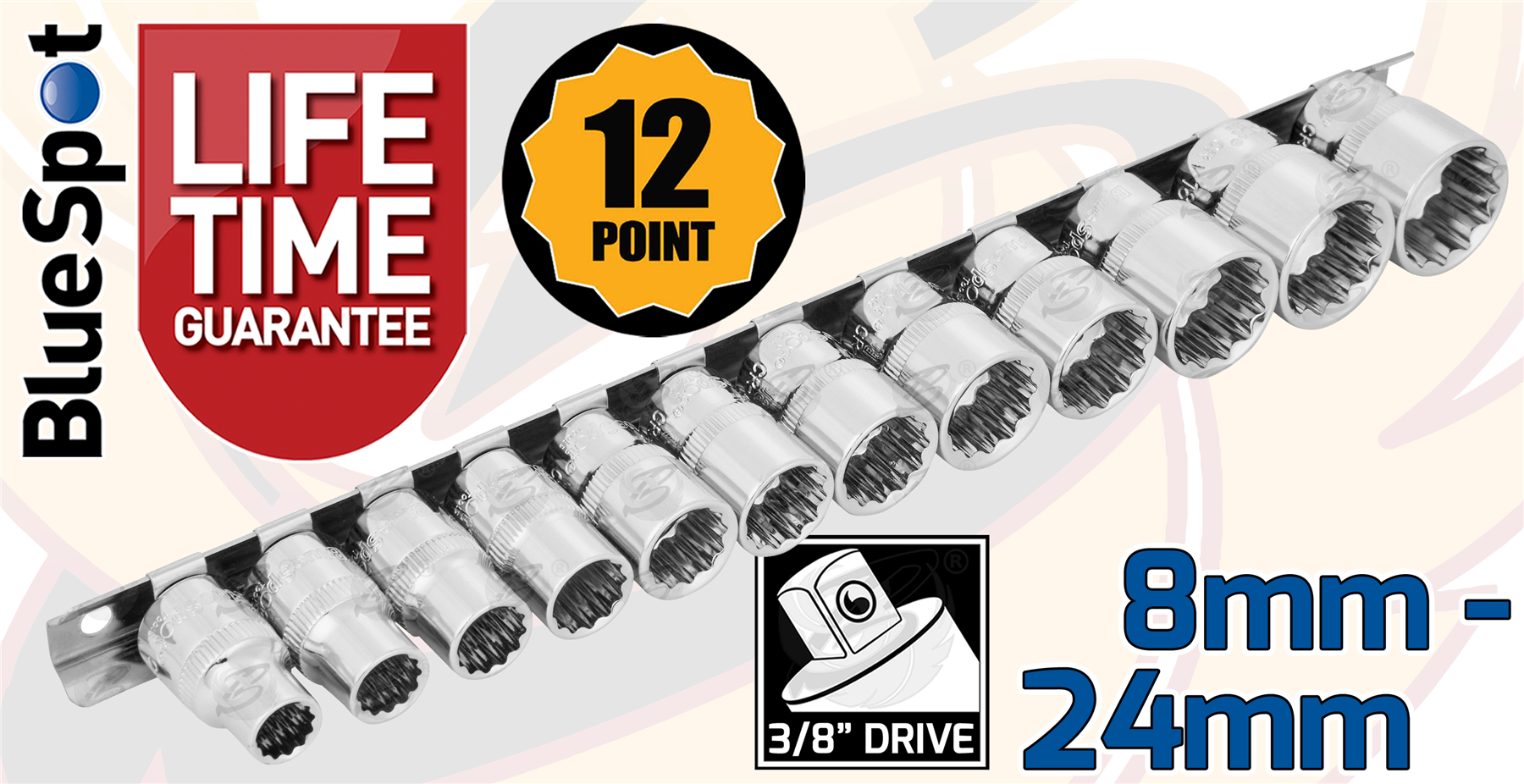 BlueSpot 12 Piece 3/8" Drive 12 Point Shallow Sockets 8mm - 19mm ( 01566 )