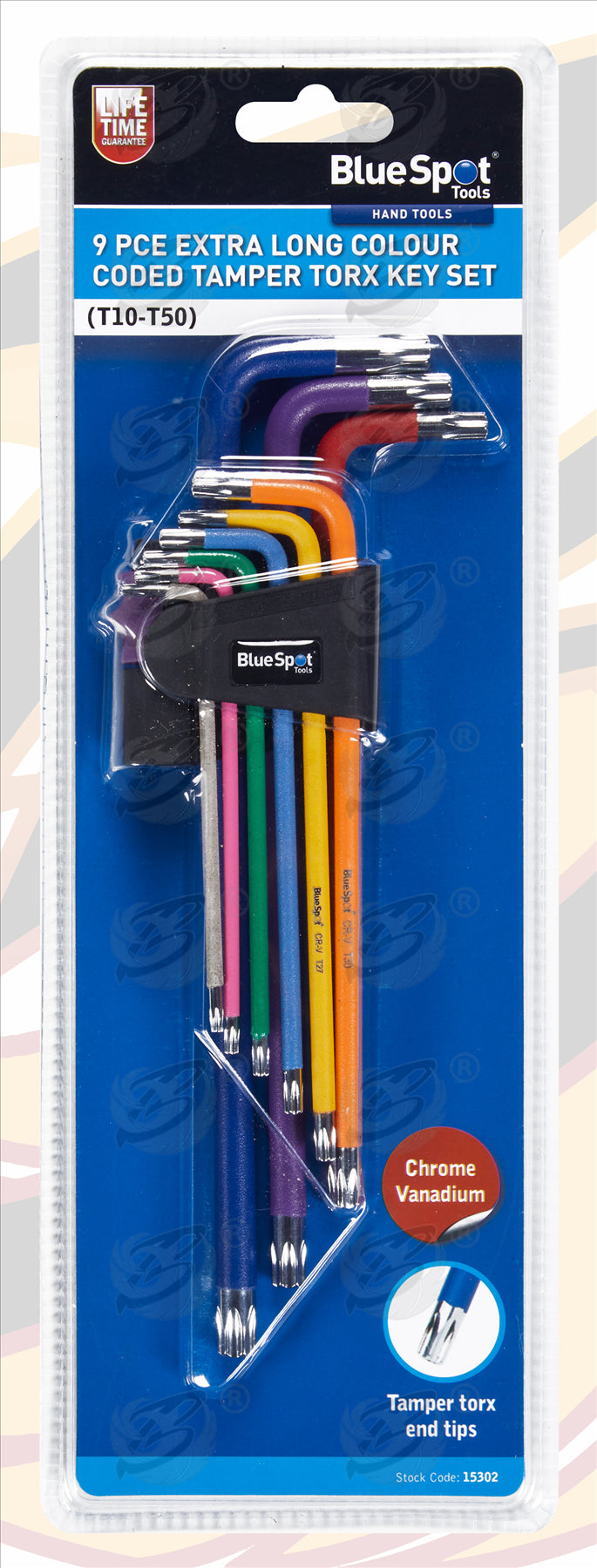 BLUESPOT 9PCS EXTRA LONG COLOUR CODED TAMPER TORX KEY SET ( T10 - T50 )