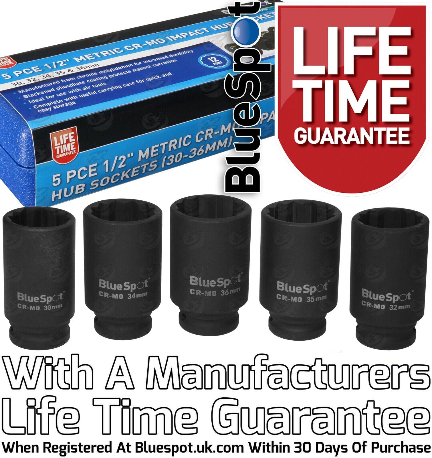 BLUESPOT 5PCS 1/2" DRIVE 12 POINT DEEP IMPACT SOCKETS 30MM - 36MM