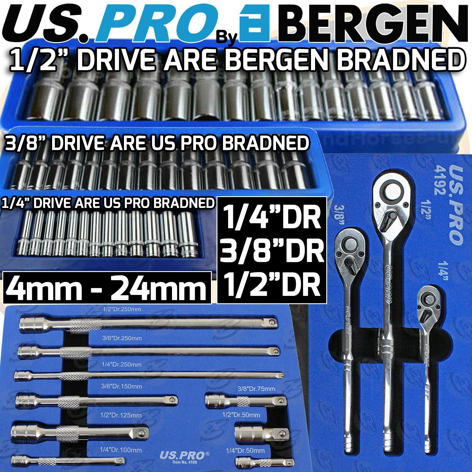 US PRO 54PCS 1/4" & 3/8" & 1/2" DRIVE 6 POINT DEEP SOCKET SET 4MM - 24MM