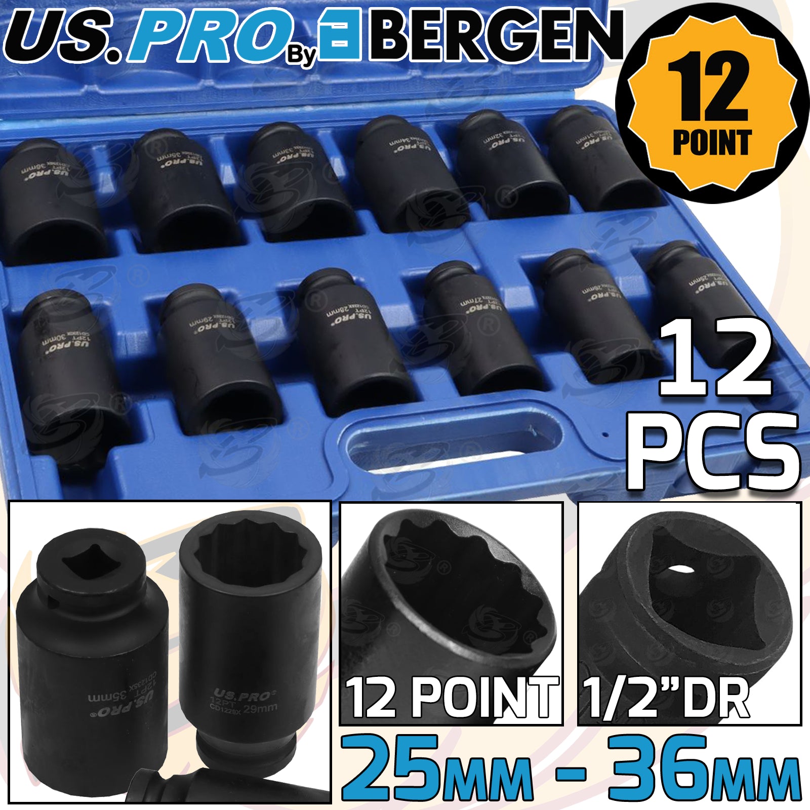 US PRO 12PCS 1/2" DRIVE 12 POINT DEEP IMPACT SOCKETS 25MM - 36MM