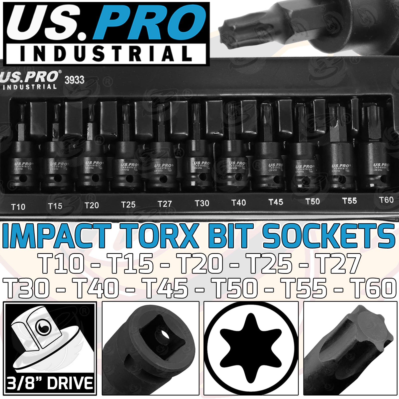 US PRO INDUSTRIAL 11PCS 3/8" DRIVE IMPACT TORX BIT SOCKETS T10 - T60