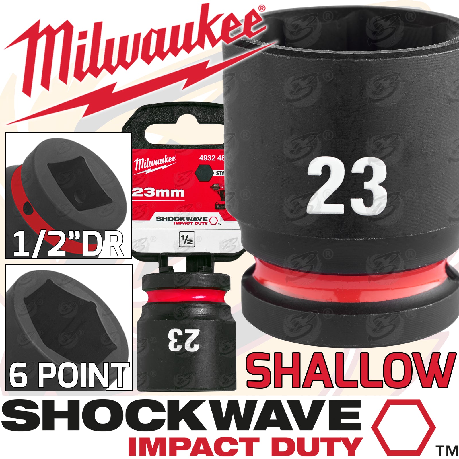 MILWAUKEE 23MM 1/2" DRIVE 6 POINT SHALLOW IMPACT SOCKET ( SINGLE )