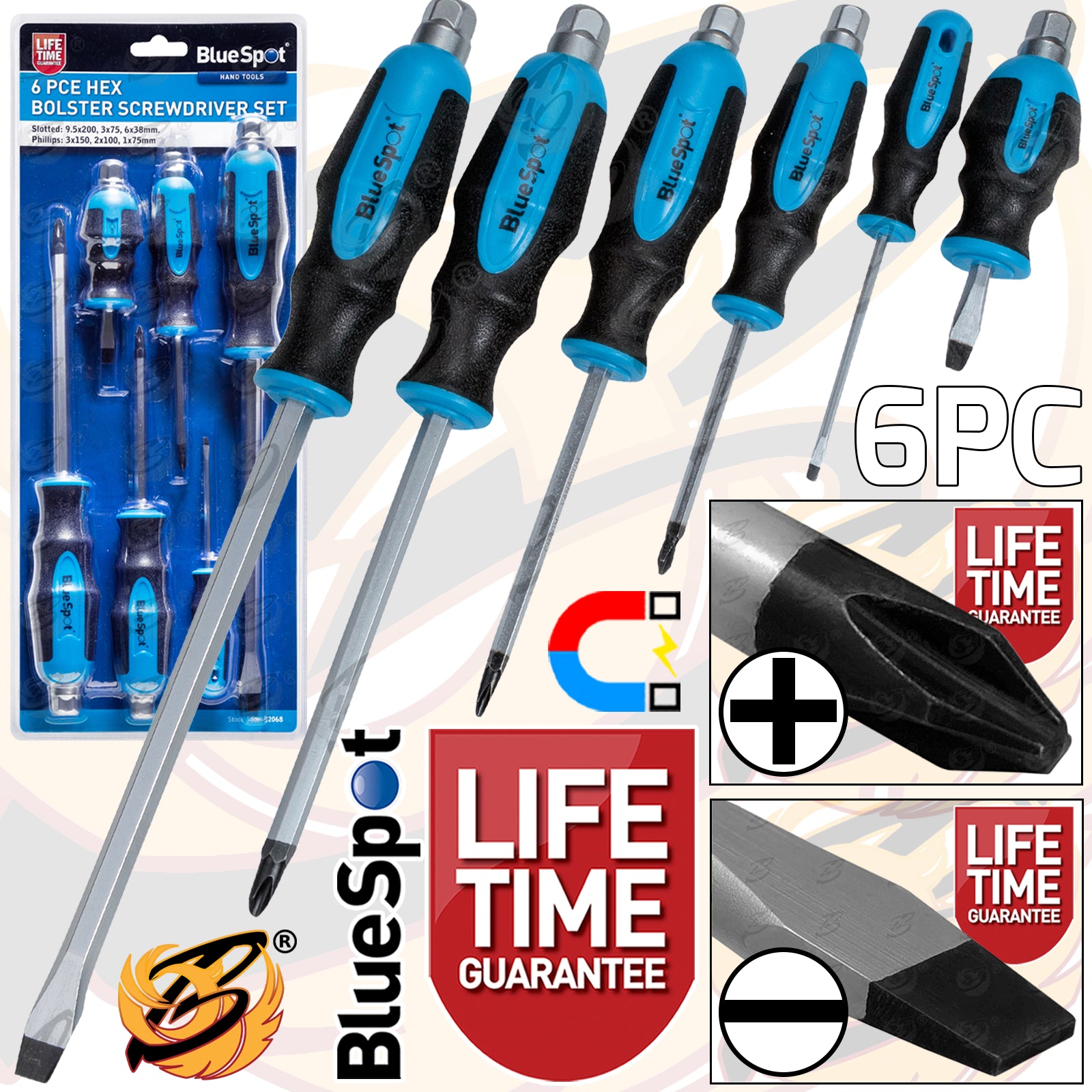 BLUESPOT 6PCS MAGNETIC GO THROUGH SCREWDRIVER SET ( SLOTTED - PHILLIPS )