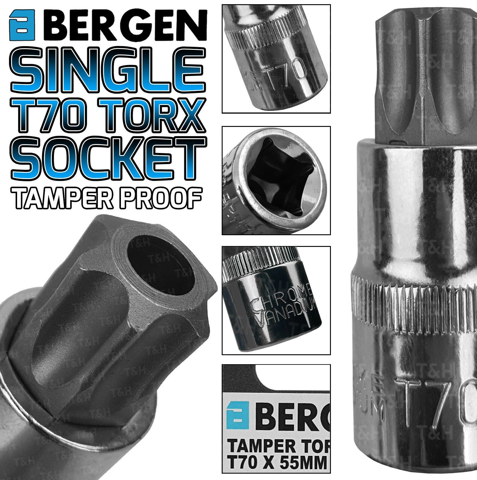 BERGEN  T70 1/2" DRIVE 55MM LONG TAMPERPROOF TORX BIT SOCKET ( SINGLE )