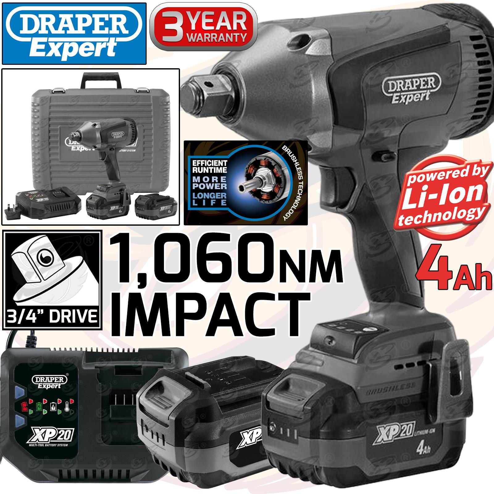DRAPER 20V 1060NM 3/4" DRIVE CORDLESS IMPACT WRENCH BRUSHLESS x2 4AH LI-ION BATTERIES