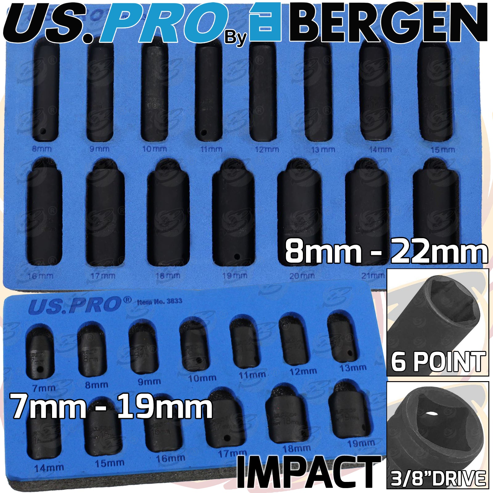 US PRO 28PCS 3/8" DRIVE 6 POINT DEEP & SHALLOW IMPACT SOCKETS 7MM - 22MM