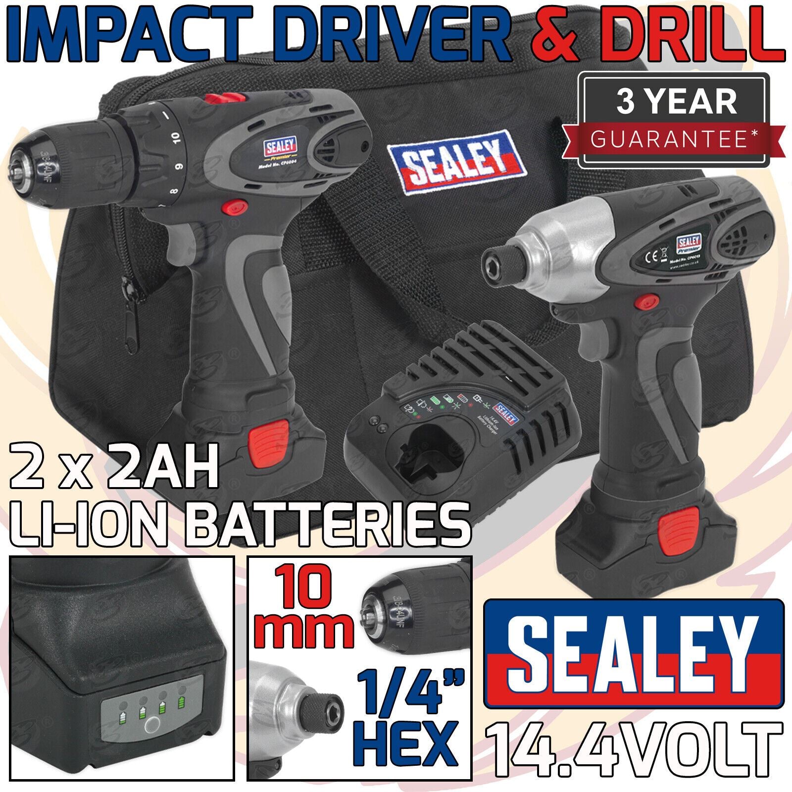 SEALEY 14.4V CORDLESS COMBO KIT DRILL & IMPACT DRIVER 117NM 2AH LITHIUM ION x2 BATTERIES