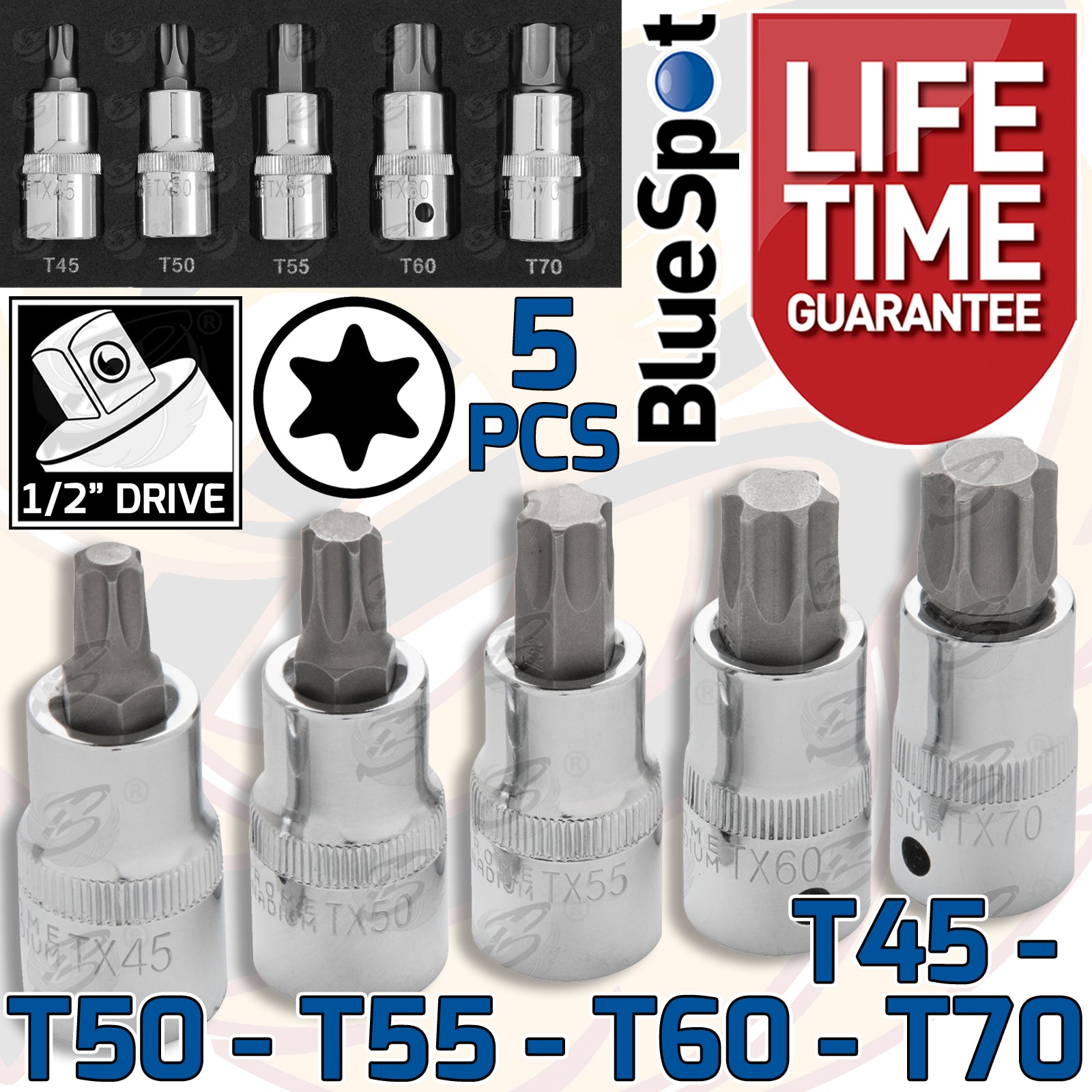 BLUESPOT 15PCS 1/2" DRIVE MIXED BIT SOCKETS ( HEX - TORX - SPLINE )