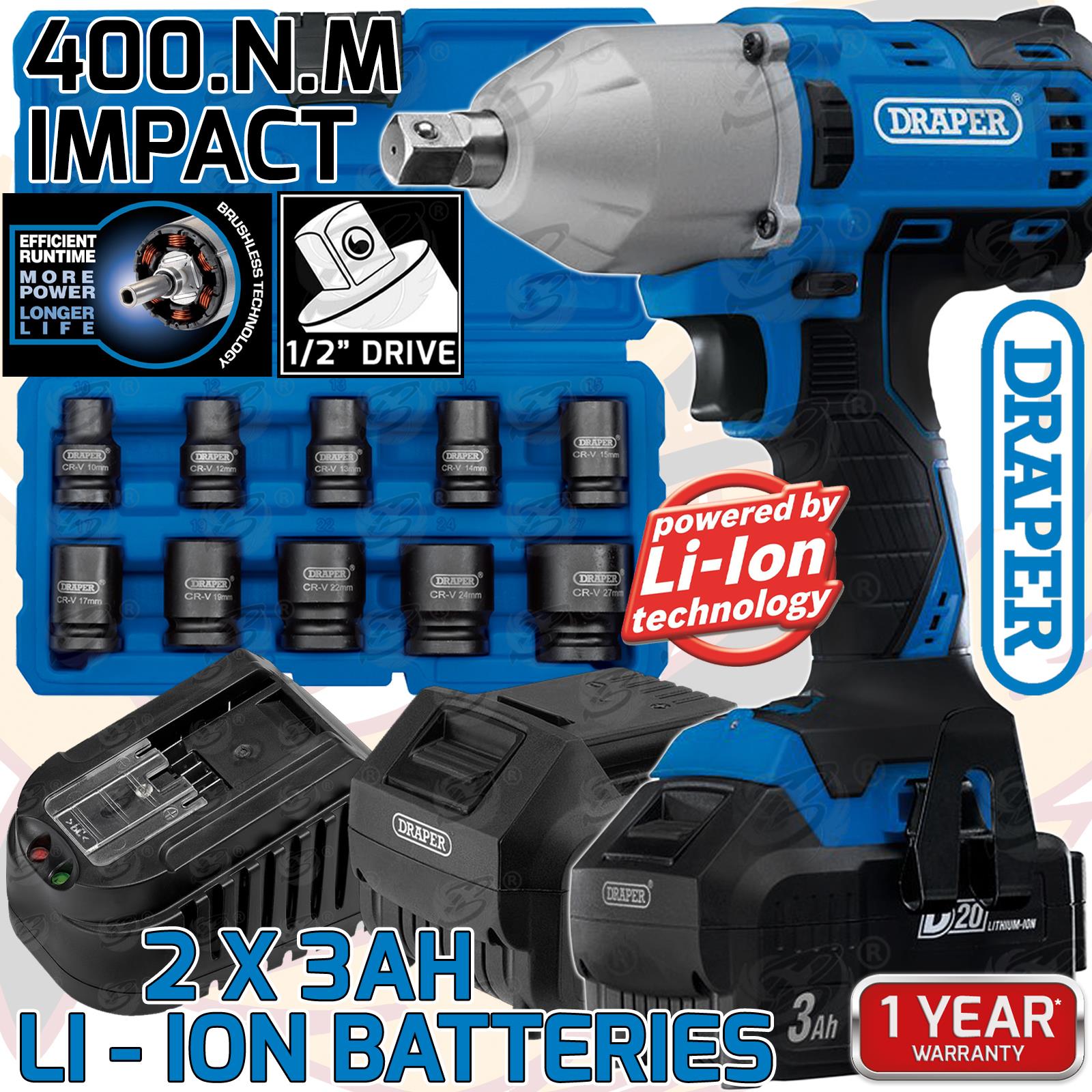 DRAPER 20V 400NM 1/2" DRIVE CORDLESS IMPACT WRENCH BRUSHLESS x2 3AH LI-ION BATTERIES WITH SOCKETS