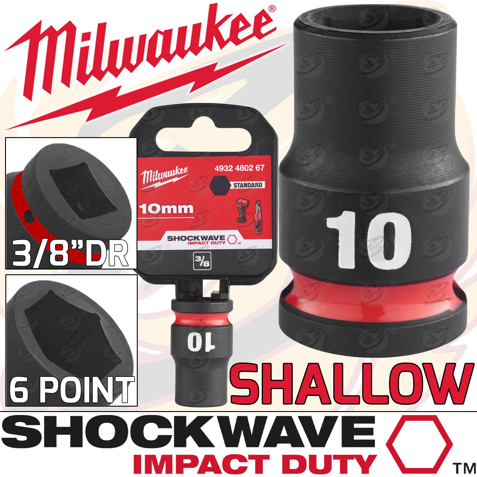 MILWAUKEE 10MM 3/8" DRIVE 6 POINT SHALLOW IMPACT SOCKET ( SINGLE )