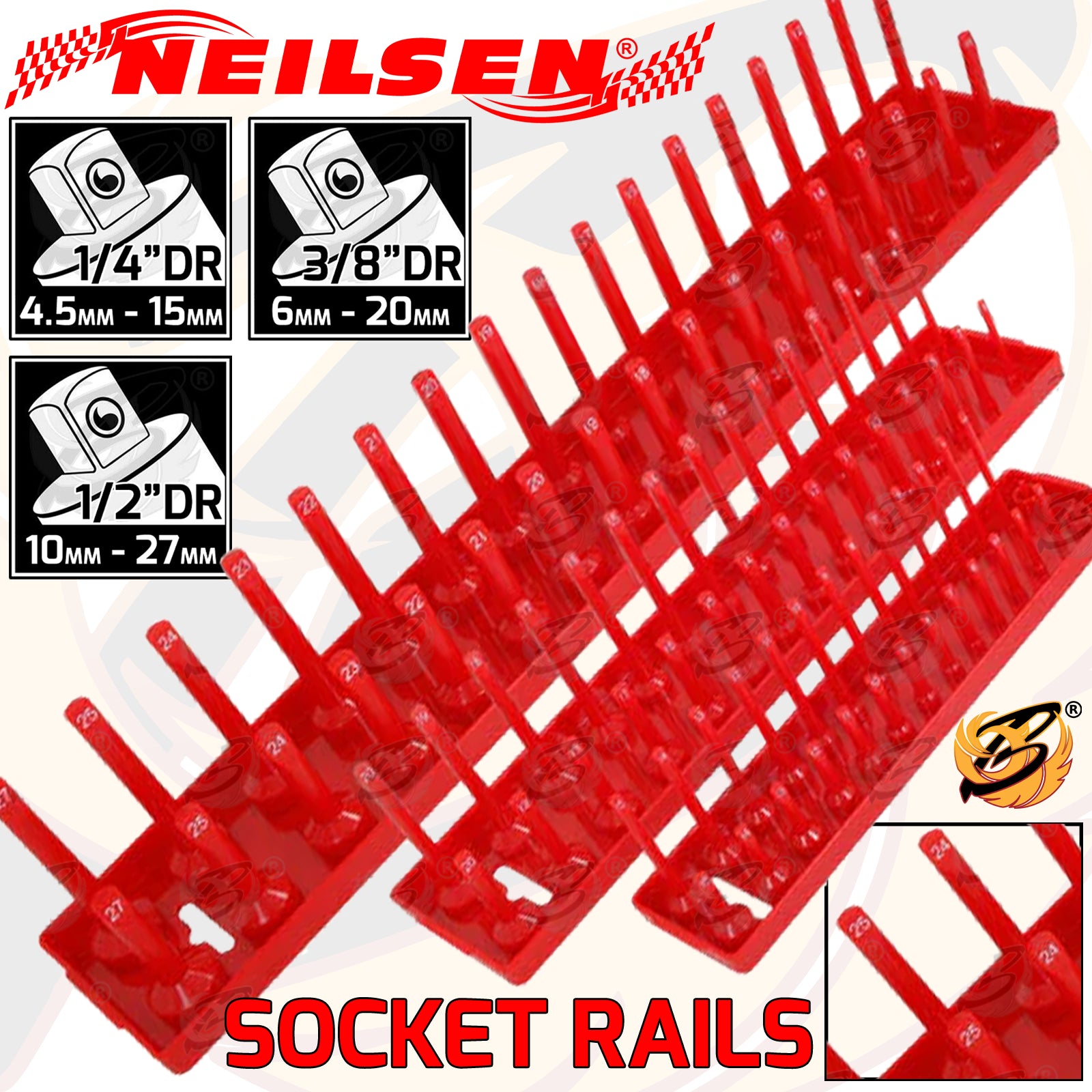 NEILSEN 3PCS 1/4" & 3/8" & 1/2" DRIVE SOCKET STORAGE RAILS