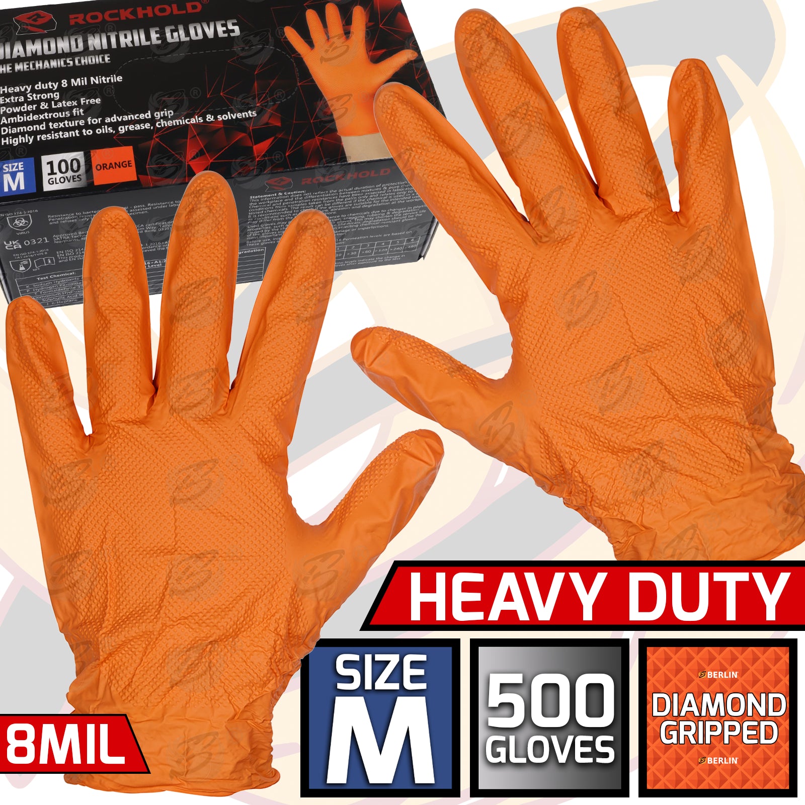 ROCKHOLD HEAVY DUTY ORANGE 8 MIL NITRILE DIAMOND GRIP GLOVES ( MEDIUM - 500 GLOVES )