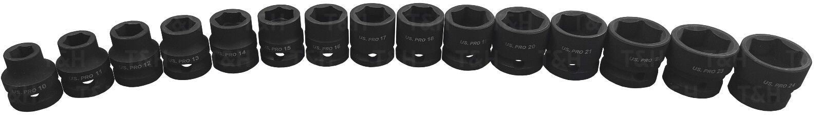 US PRO 15PCS 1/2" DRIVE 6 POINT SHALLOW IMPACT SOCKETS 10MM - 24MM