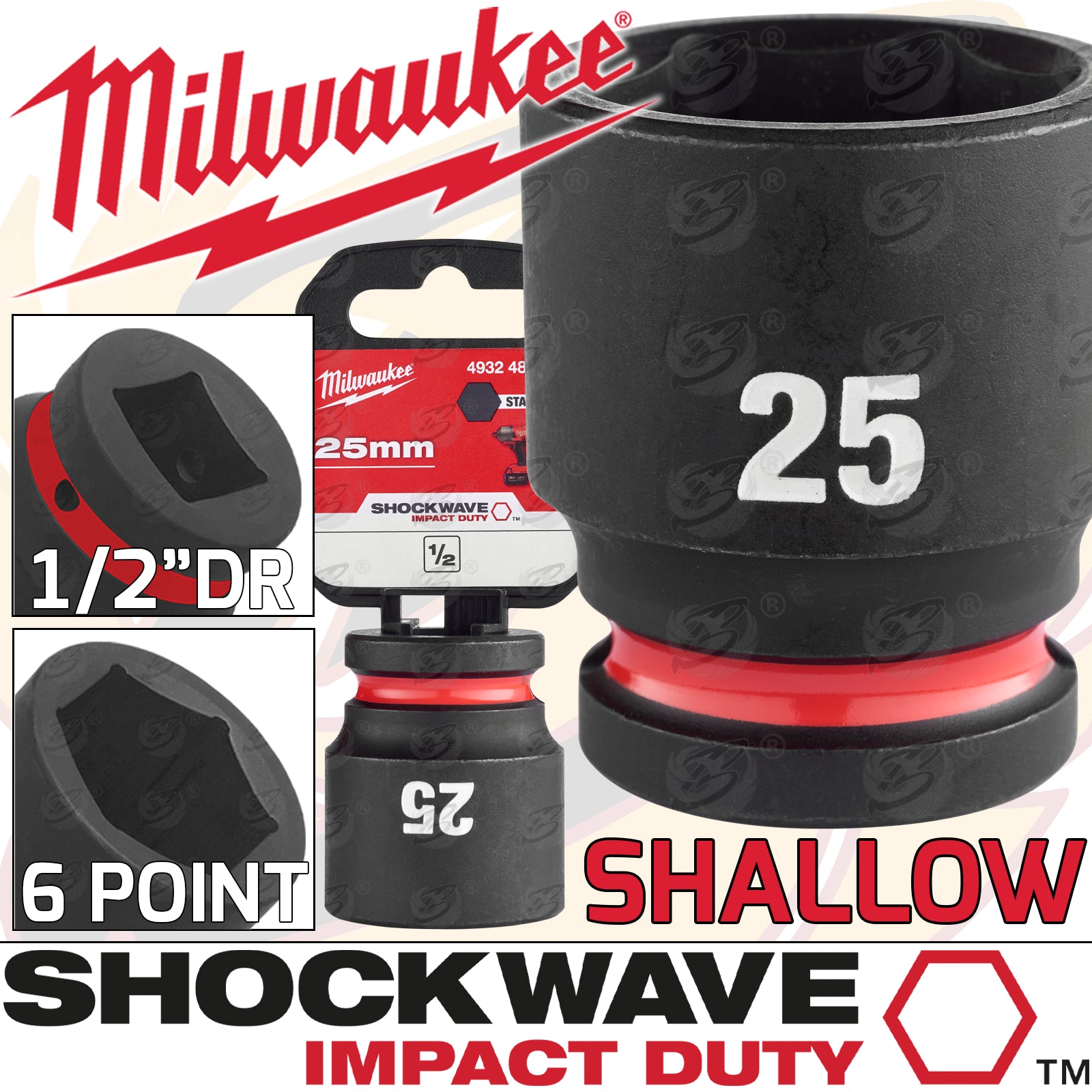 MILWAUKEE 25MM 1/2" DRIVE 6 POINT SHALLOW IMPACT SOCKET ( SINGLE )