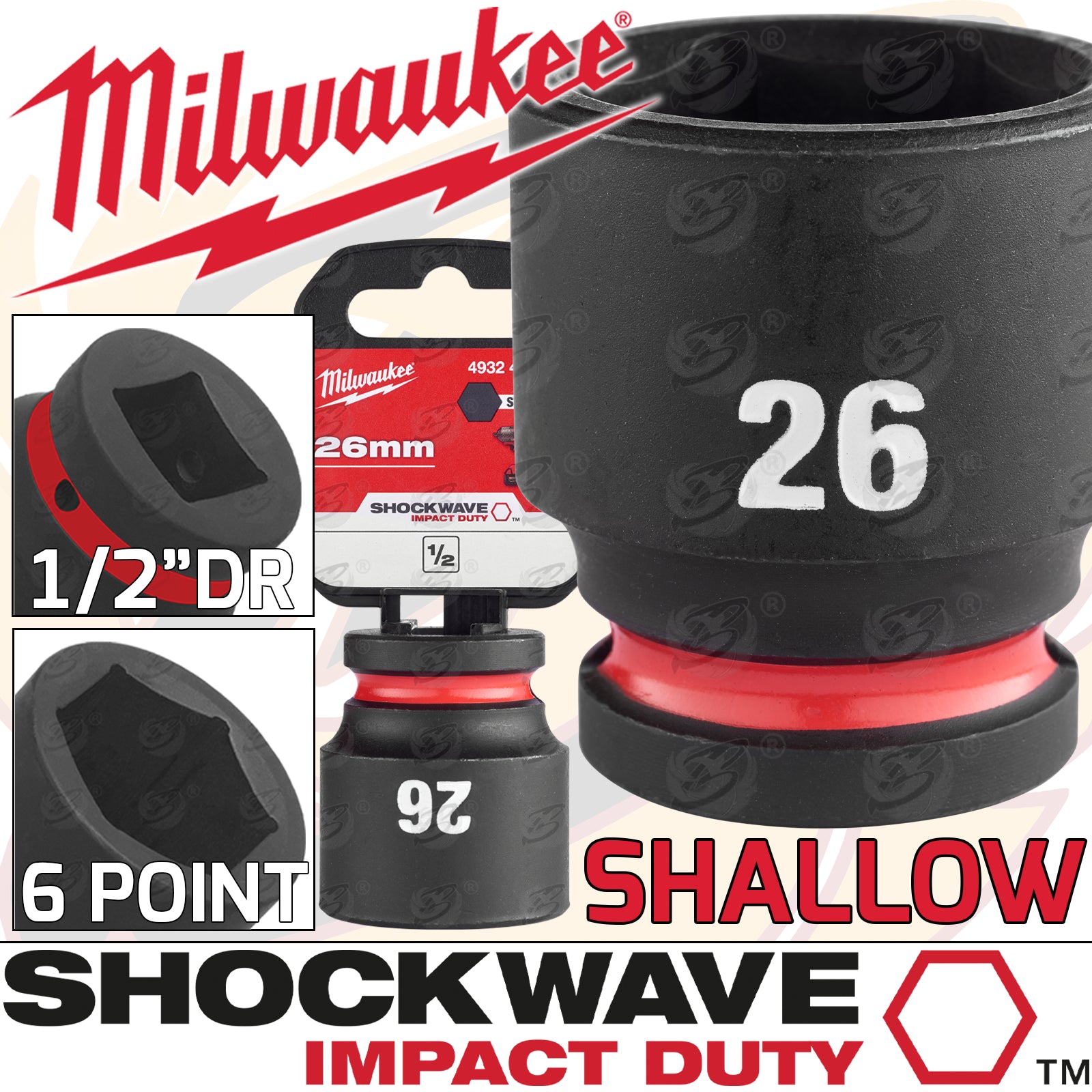 MILWAUKEE 26MM 1/2" DRIVE 6 POINT SHALLOW IMPACT SOCKET ( SINGLE )