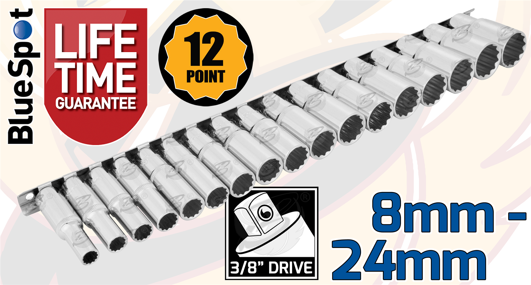 BlueSpot 17 Piece 3/8" Drive 12 Point Deep Sockets 8mm - 24mm ( 01560 )