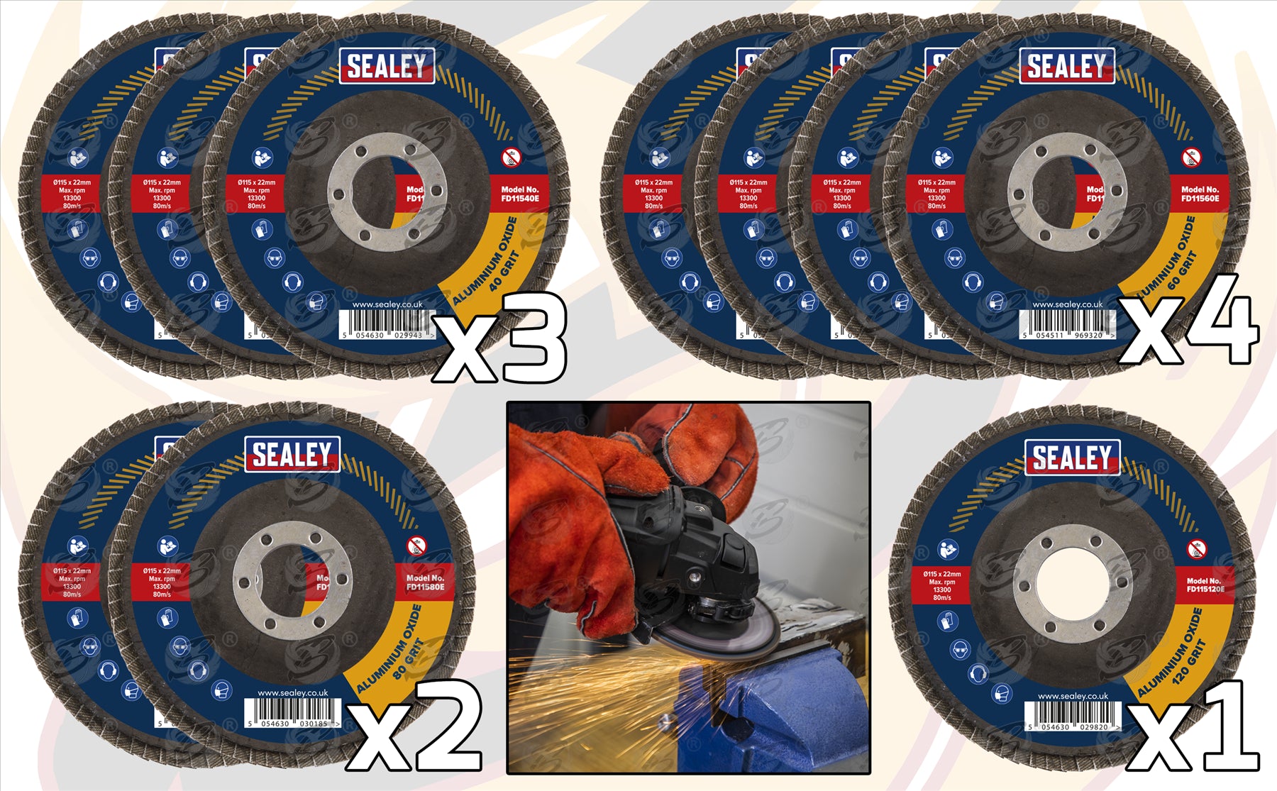 SEALEY 10PCS ASSORTED GRIT / FLAP DISC ( 40/60/80/120 GRIT )