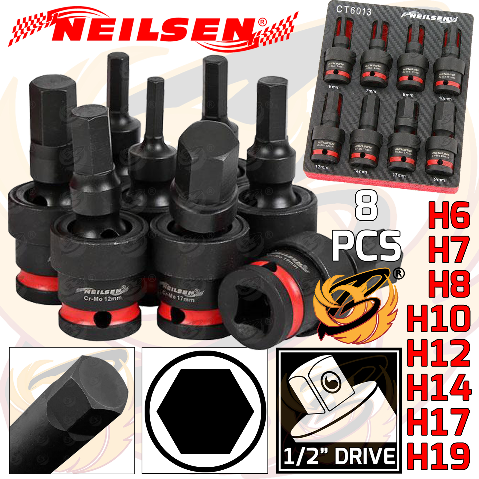 Neilsen 8 Piece 1/2" Drive Swivel Impact Hex Bit Sockets H6 - H19 ( CT6013 )