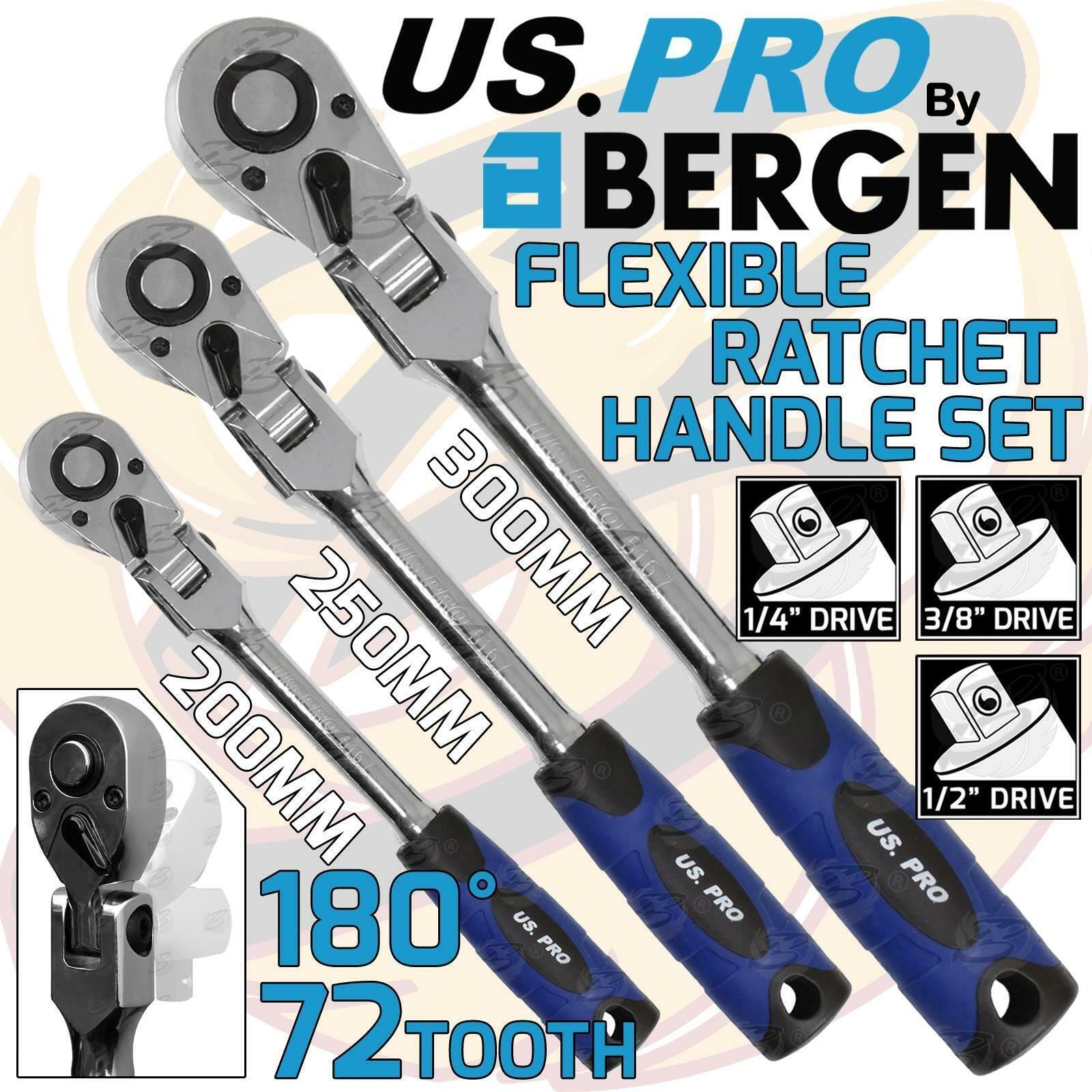 US PRO 3PCS 1/4" & 3/8" & 1/2" DRIVE 72 TOOTH FLEXI RATCHET HANDLES