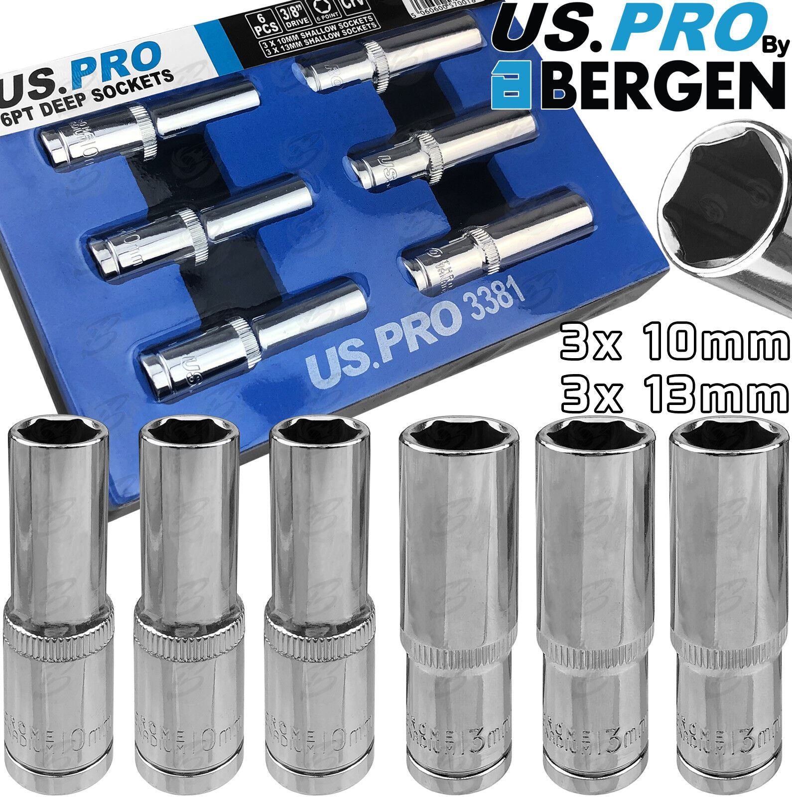 US Pro 6 Piece 3/8" Drive 10mm & 13mm 6 Point Deep Sockets 3381