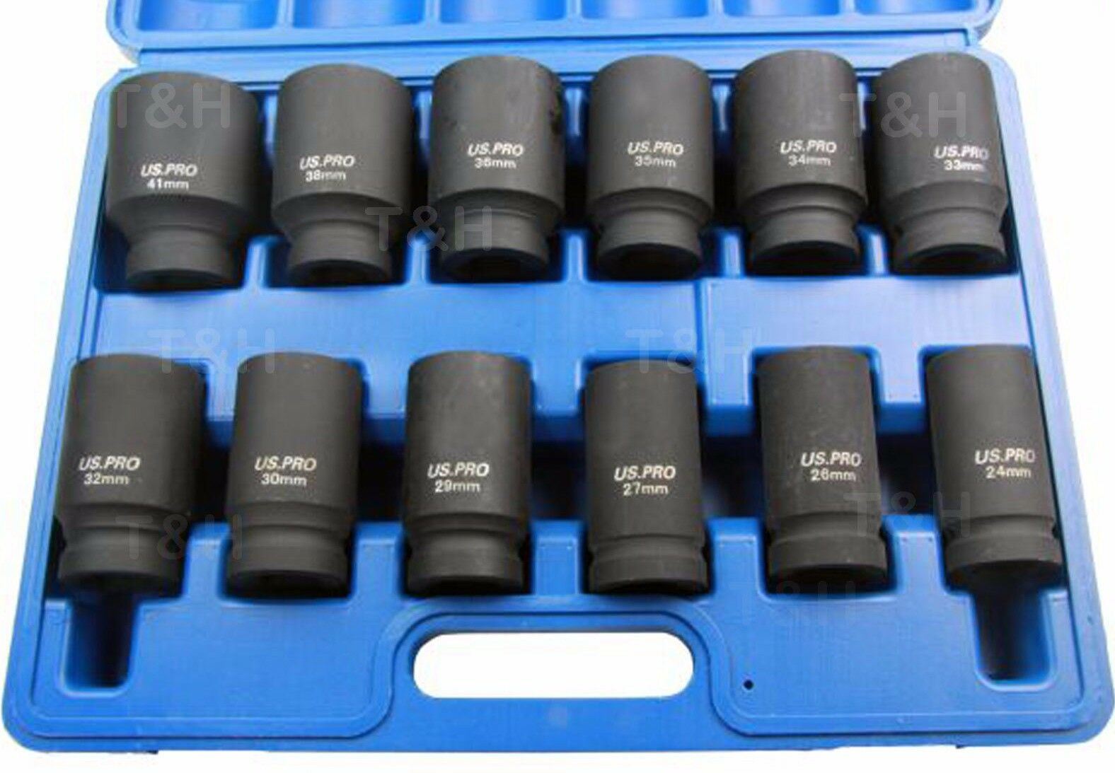 US PRO 12PCS 3/4" DRIVE 6 POINT DEEP IMPACT SOCKETS 24MM - 41MM