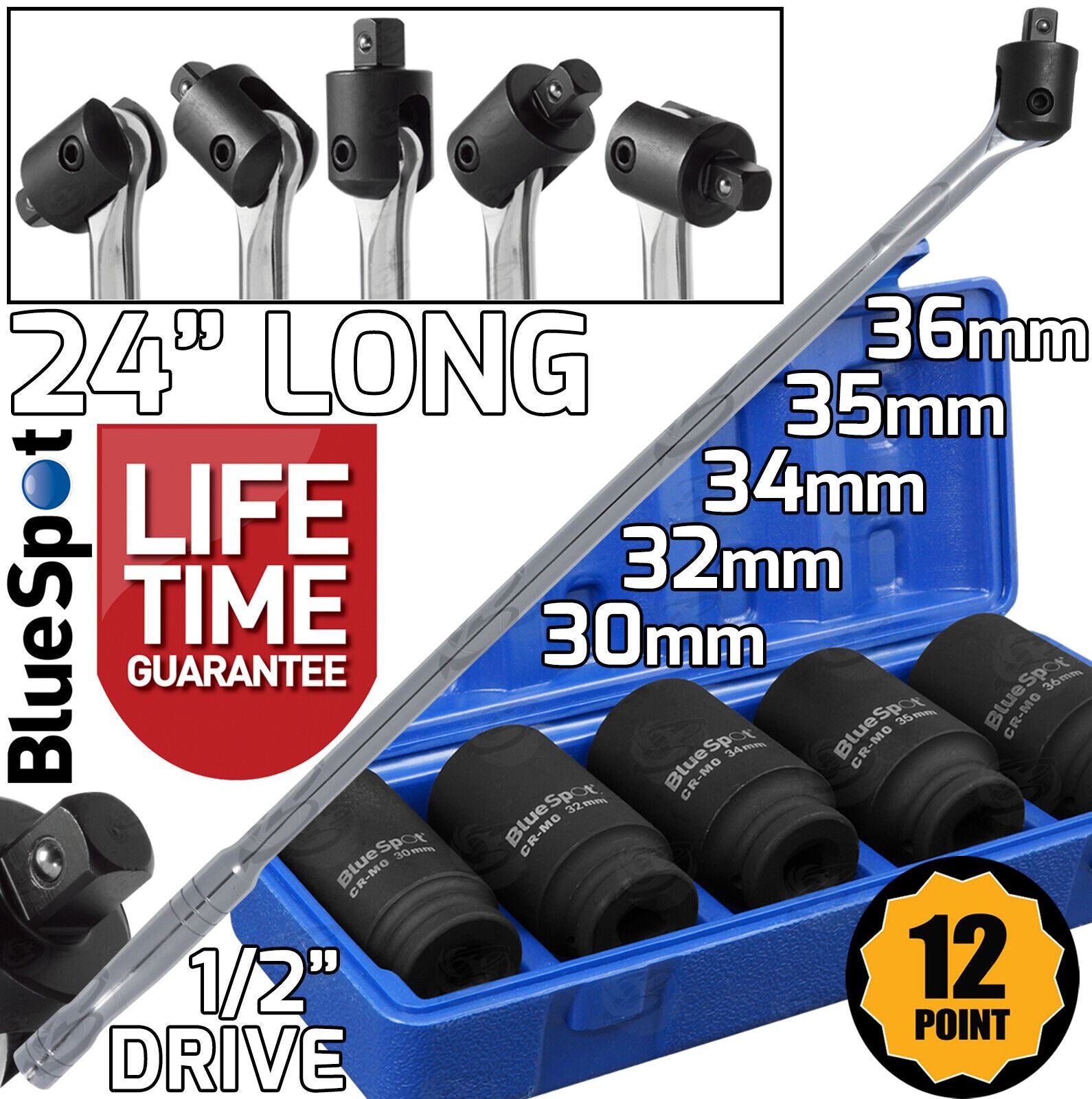BLUESPOT 1/2" DRIVE 24" LONG BREAKER BAR & 5PCS 12 POINT DEEP IMPACT SOCKETS 30MM - 36MM