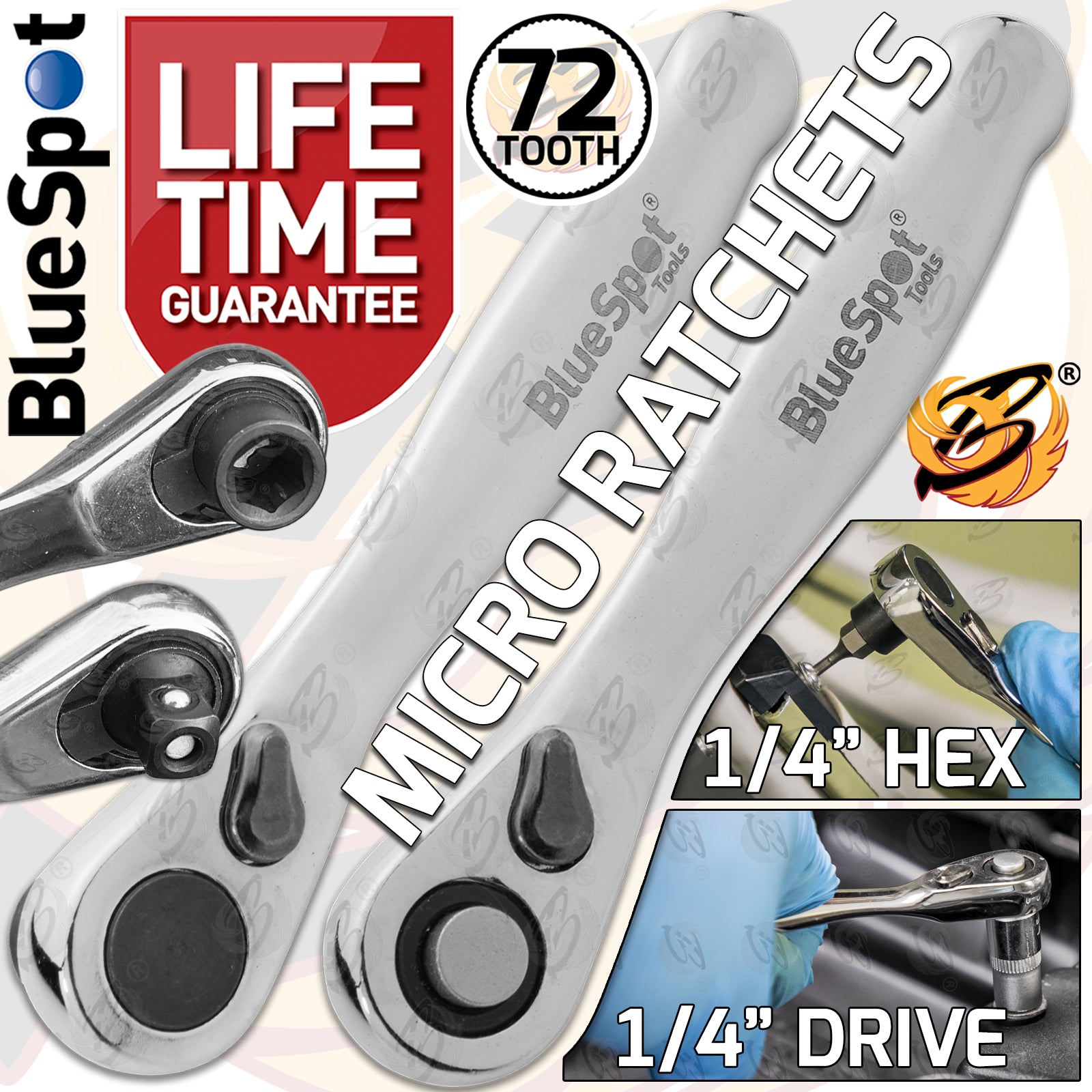 BLUESPOT MINI 1/4" 72 TOOTH RATCHET HANDLE & 1/4" HEX POWER BIT RATCHET